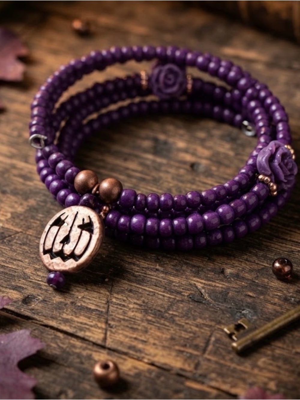 Halloween Collection Purple Beaded Memory wire Wrap Bracelet with Rose Accents